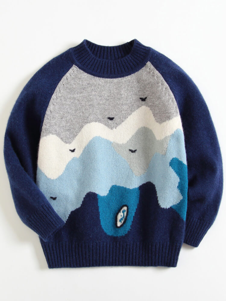 Kids Navy Blue Ocean Scene Cashmere Crew Neck Sweater